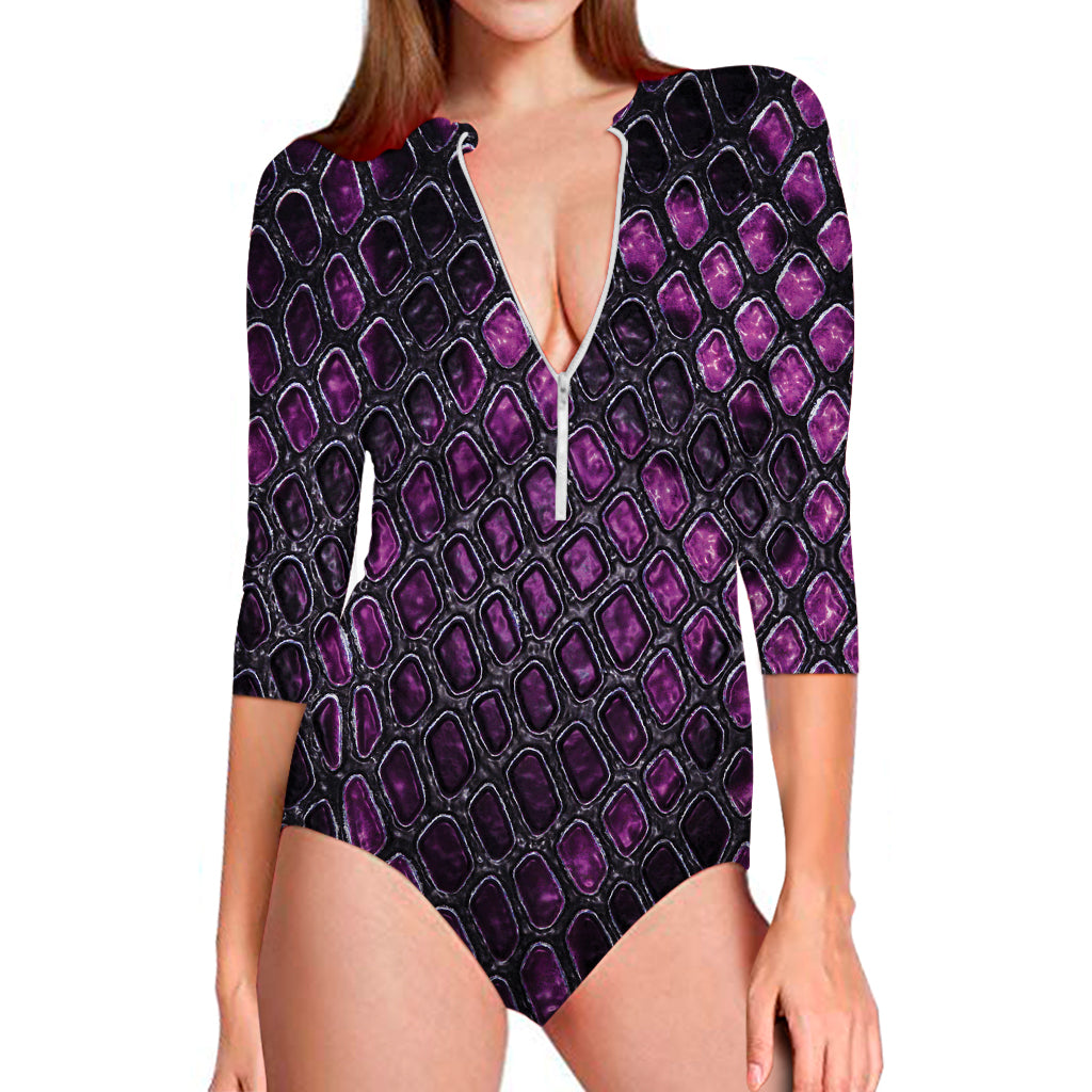 Purple Snakeskin Print Long Sleeve Swimsuit