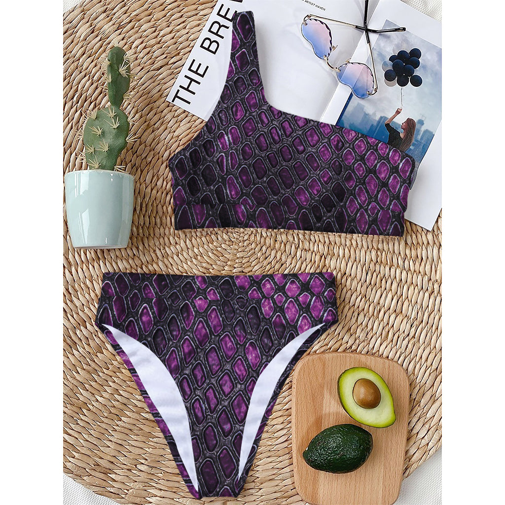 Purple Snakeskin Print One Shoulder Bikini Top