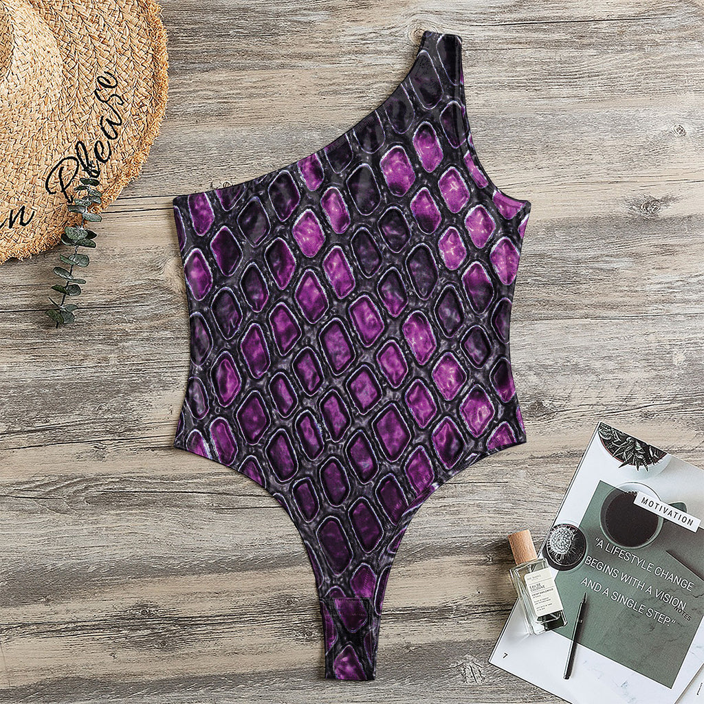 Purple Snakeskin Print One Shoulder Bodysuit