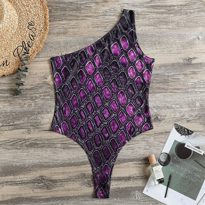 Purple Snakeskin Print One Shoulder Bodysuit