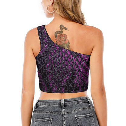 Purple Snakeskin Print One Shoulder Crop Top