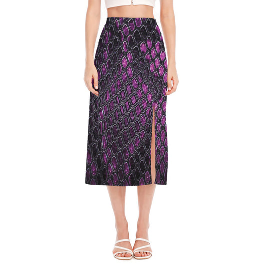 Purple Snakeskin Print Side Slit Midi Skirt