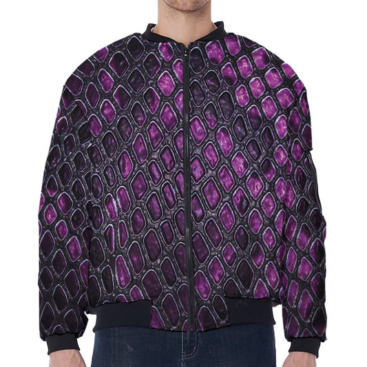 Purple Snakeskin Print Zip Sleeve Bomber Jacket