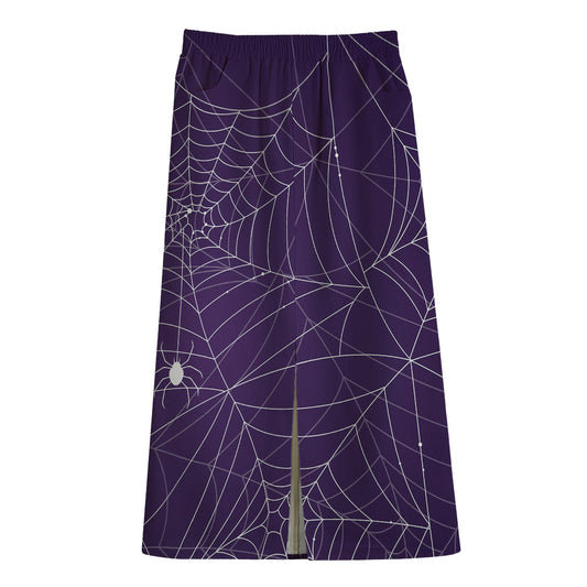 Purple Spider Web Pattern Print Cotton Front Slit Maxi Skirt