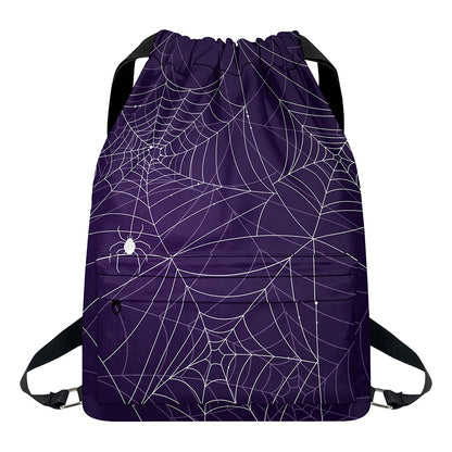 Purple Spider Web Pattern Print Drawstring Backpack