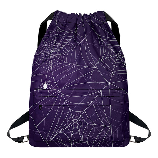 Purple Spider Web Pattern Print Drawstring Backpack