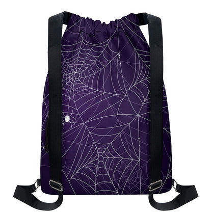 Purple Spider Web Pattern Print Drawstring Backpack