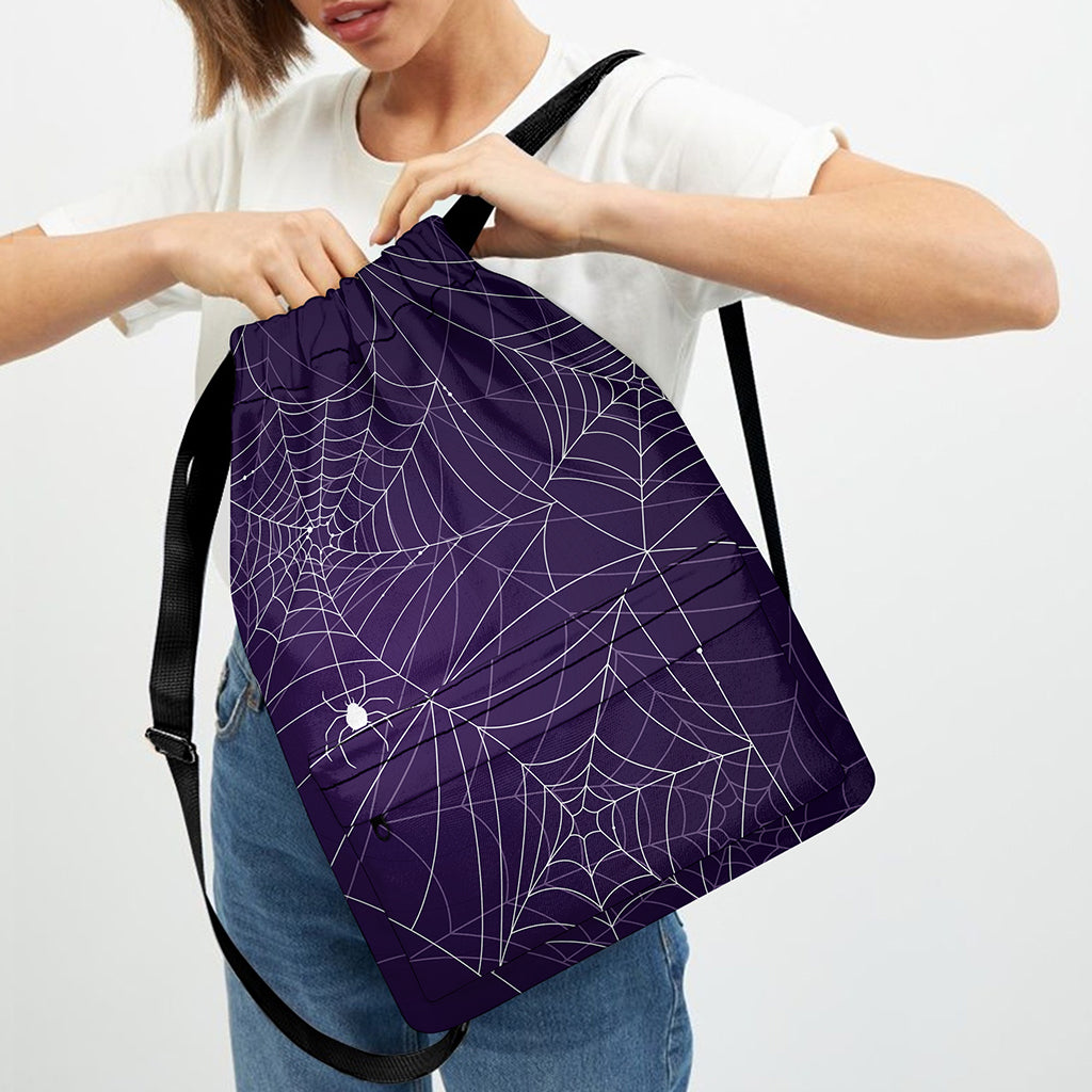 Purple Spider Web Pattern Print Drawstring Backpack