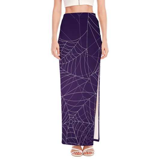 Purple Spider Web Pattern Print High Slit Maxi Skirt