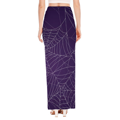 Purple Spider Web Pattern Print High Slit Maxi Skirt