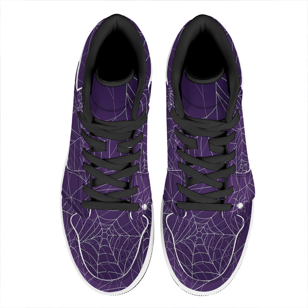 Purple Spider Web Pattern Print High Top Leather Sneakers