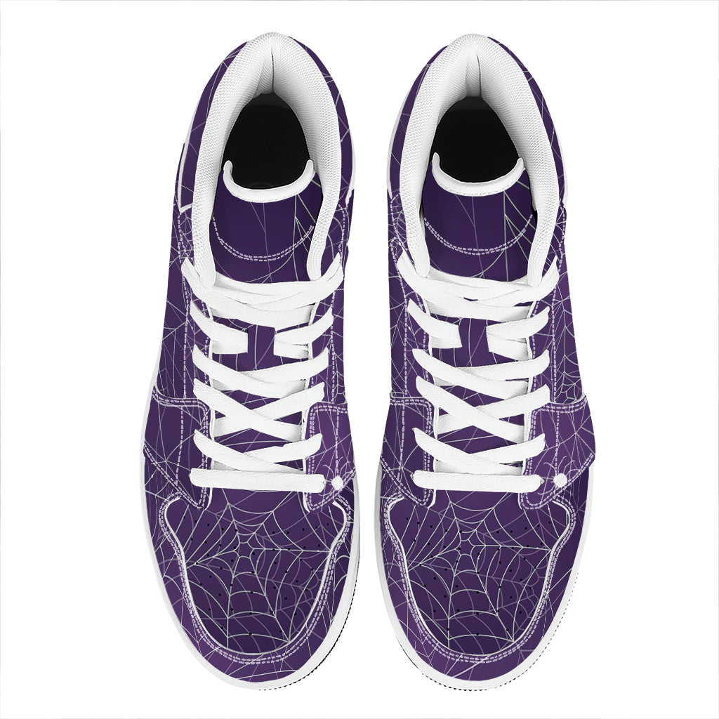 Purple Spider Web Pattern Print High Top Leather Sneakers