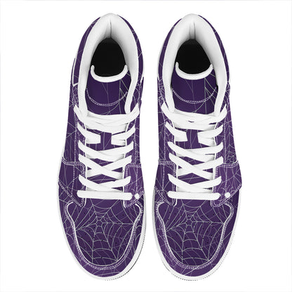 Purple Spider Web Pattern Print High Top Leather Sneakers