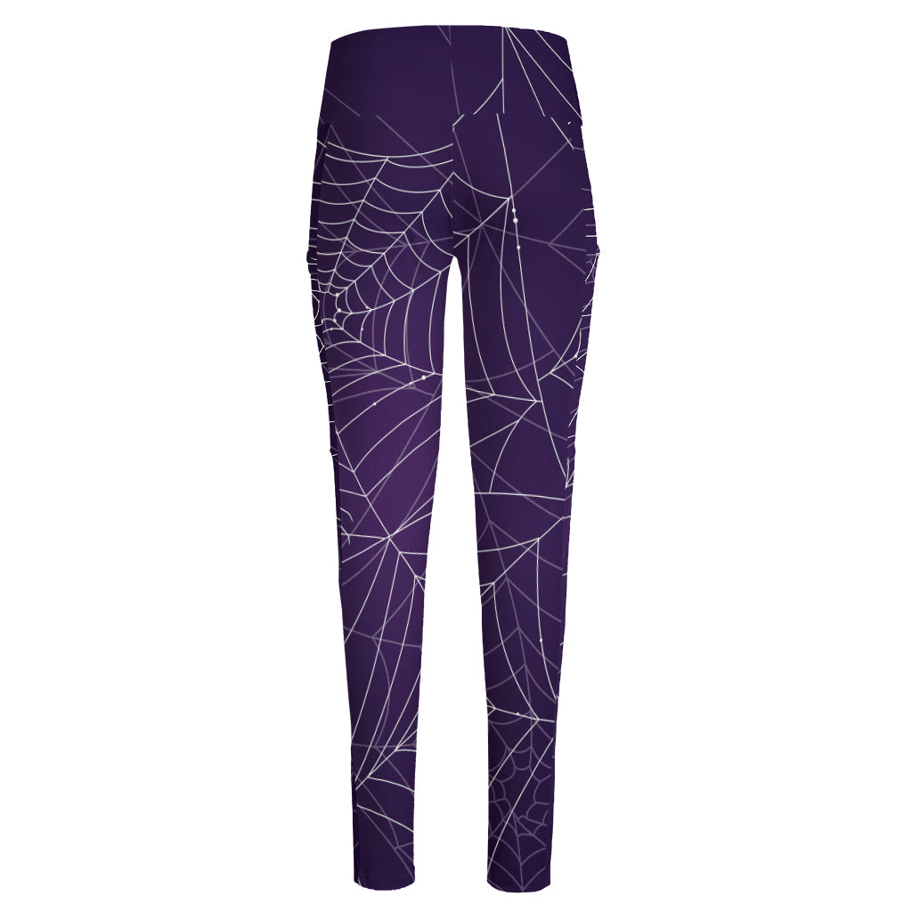 Purple Spider Web Pattern Print High-Waisted Pocket Leggings