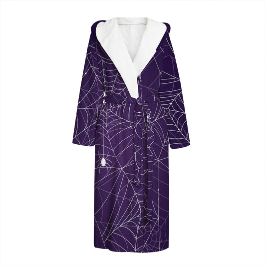Purple Spider Web Pattern Print Hooded Bathrobe