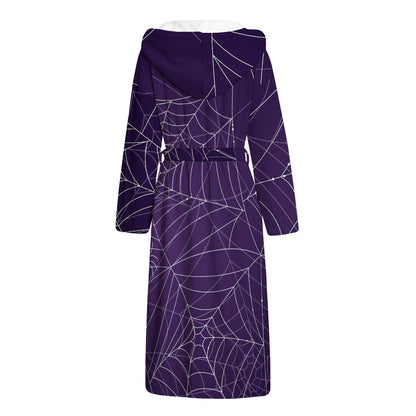 Purple Spider Web Pattern Print Hooded Bathrobe