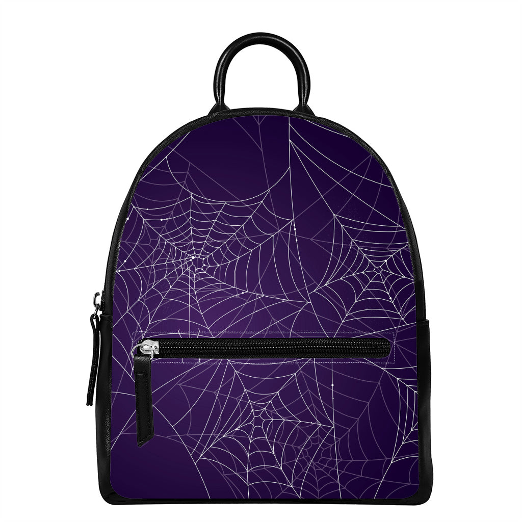 Purple Spider Web Pattern Print Leather Backpack