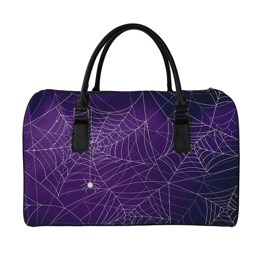 Purple Spider Web Pattern Print Leather Duffle Bag