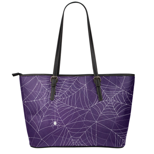 Purple Spider Web Pattern Print Leather Tote Bag