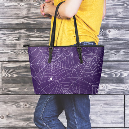 Purple Spider Web Pattern Print Leather Tote Bag