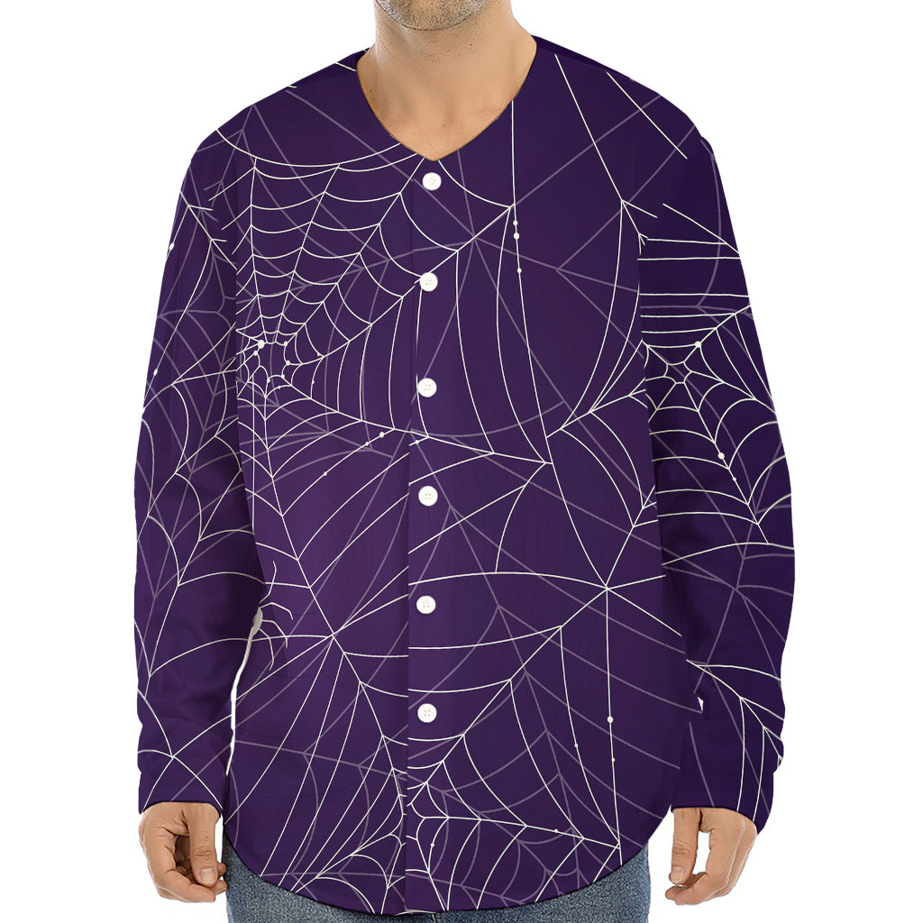 Purple Spider Web Pattern Print Long Sleeve Baseball Jersey