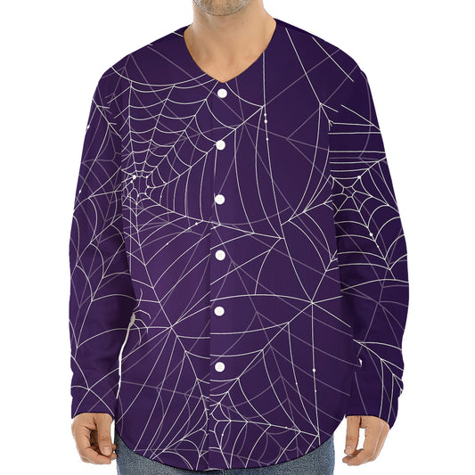 Purple Spider Web Pattern Print Long Sleeve Baseball Jersey