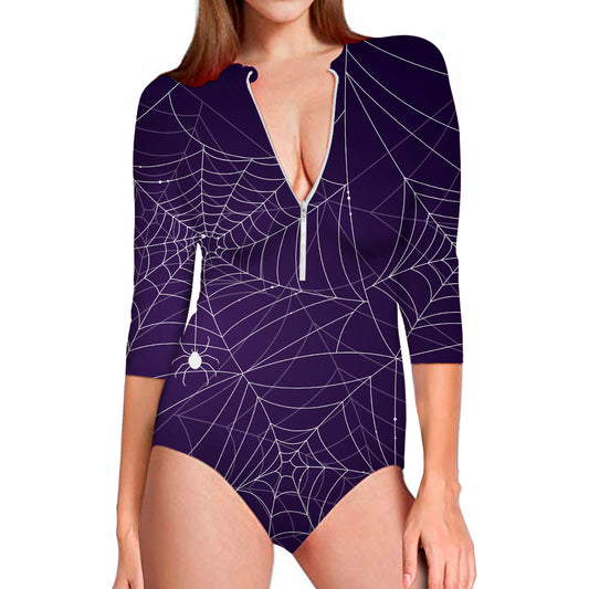 Purple Spider Web Pattern Print Long Sleeve Swimsuit