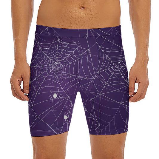 Purple Spider Web Pattern Print Men's Long Boxer Briefs