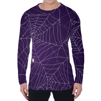 Purple Spider Web Pattern Print Men's Long Sleeve T-Shirt