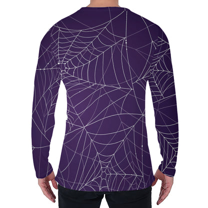 Purple Spider Web Pattern Print Men's Long Sleeve T-Shirt