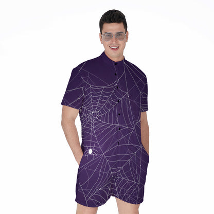 Purple Spider Web Pattern Print Men's Rompers