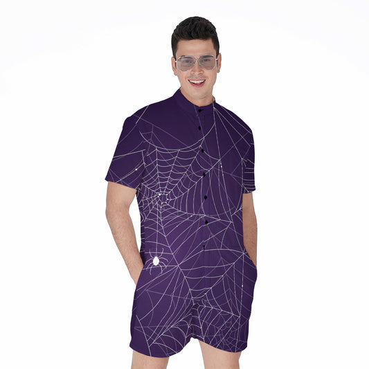 Purple Spider Web Pattern Print Men's Rompers