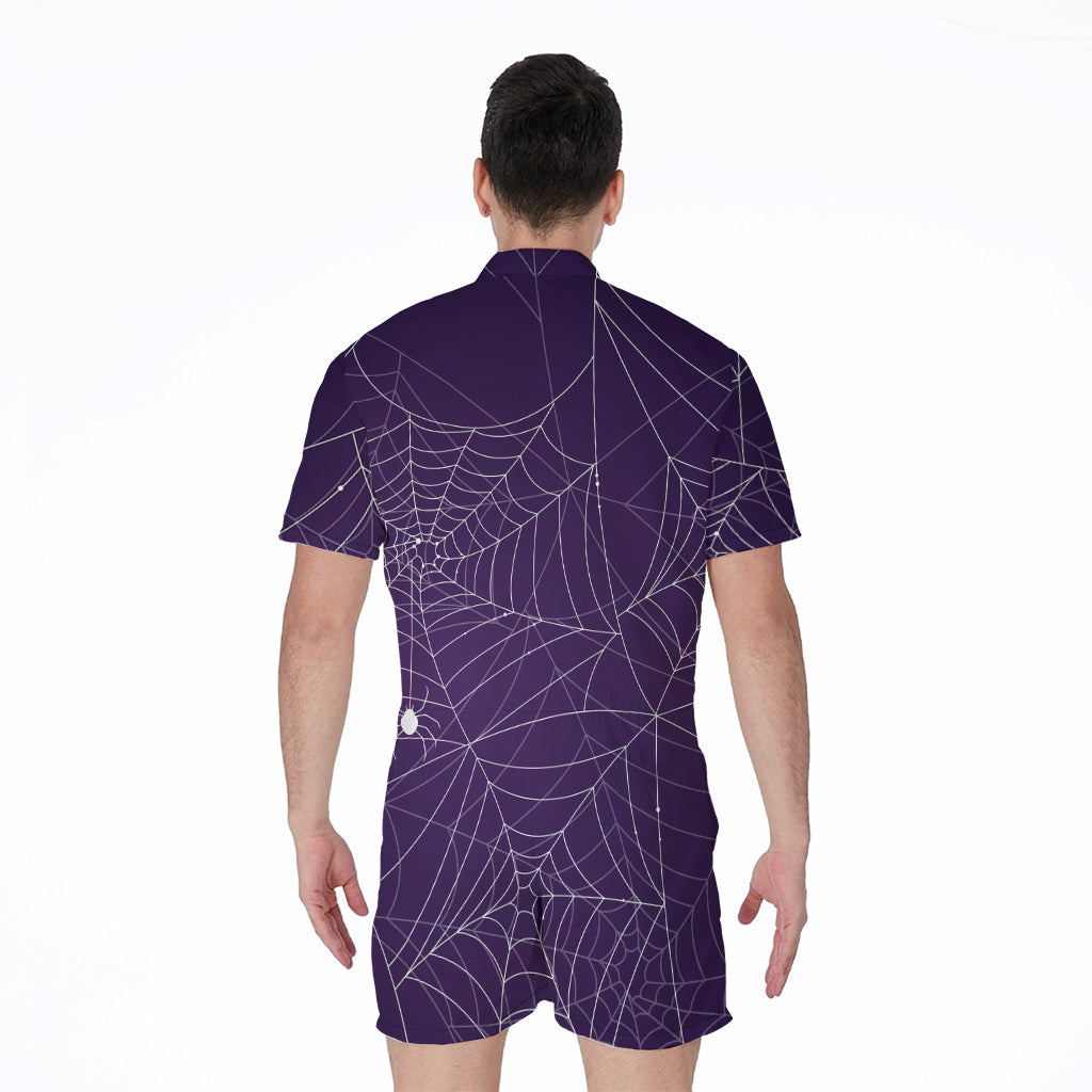 Purple Spider Web Pattern Print Men's Rompers