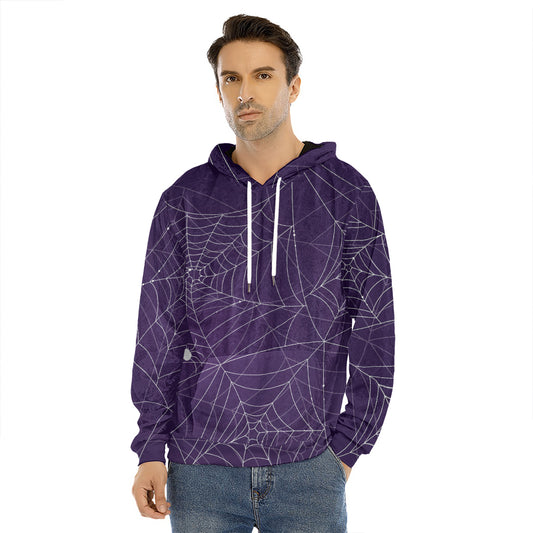 Purple Spider Web Pattern Print Men's Velvet Pullover Hoodie