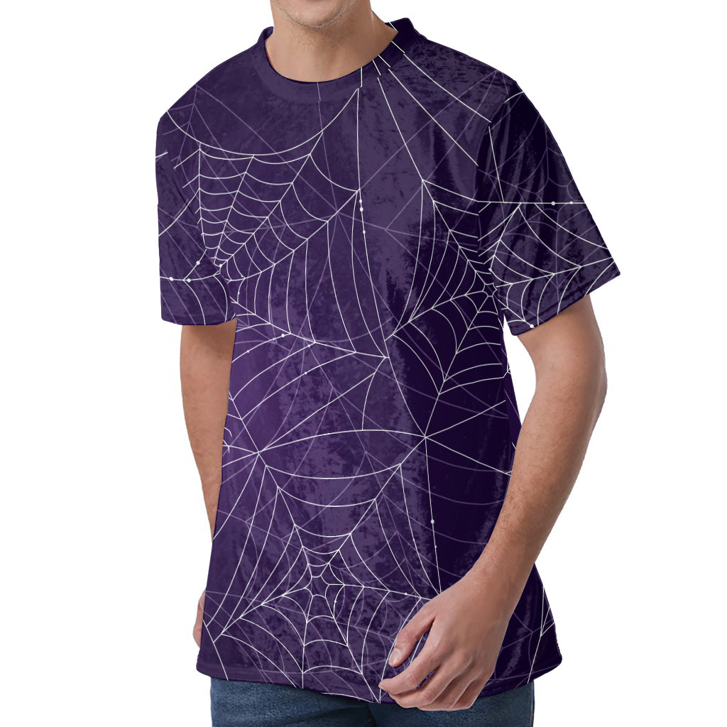 Purple Spider Web Pattern Print Men's Velvet T-Shirt