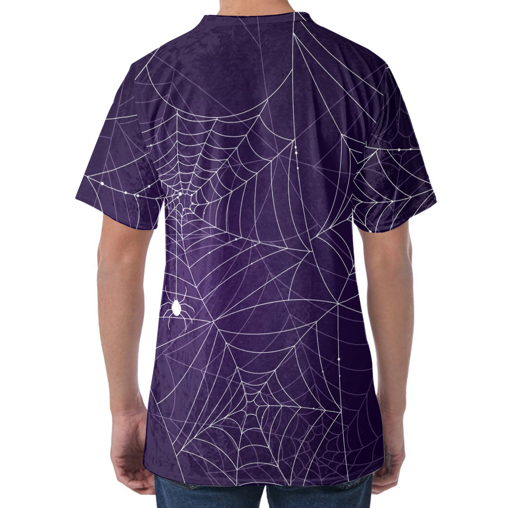 Purple Spider Web Pattern Print Men's Velvet T-Shirt