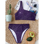 Purple Spider Web Pattern Print One Shoulder Bikini Top