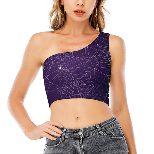 Purple Spider Web Pattern Print One Shoulder Crop Top