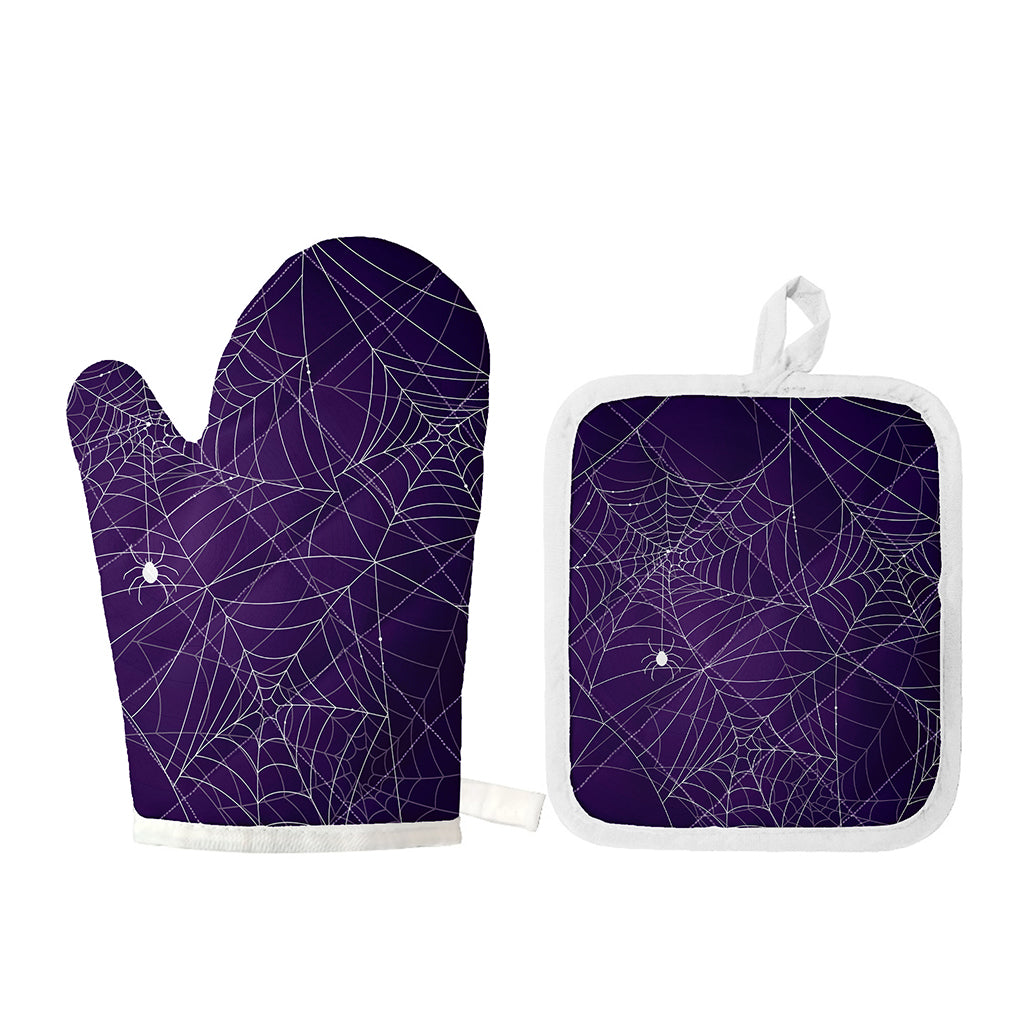 Purple Spider Web Pattern Print Oven Mitt And Pot Holder Set