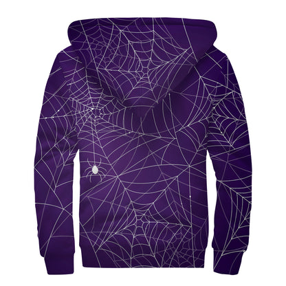 Purple Spider Web Pattern Print Sherpa Lined Zip Up Hoodie