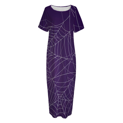 Purple Spider Web Pattern Print Short Sleeve Long Nightdress