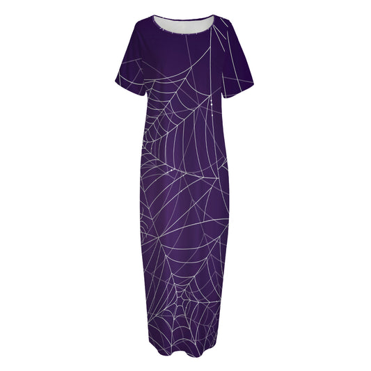 Purple Spider Web Pattern Print Short Sleeve Long Nightdress