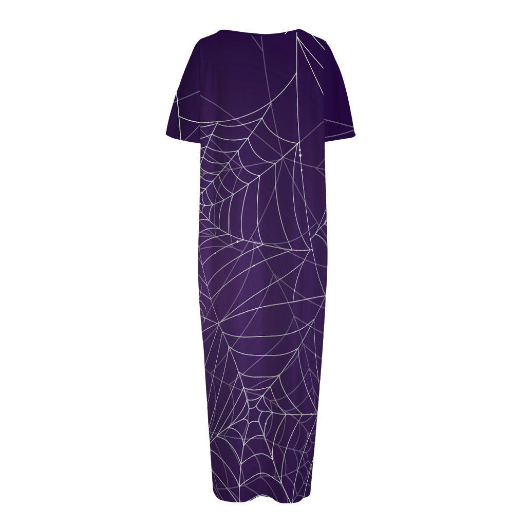 Purple Spider Web Pattern Print Short Sleeve Long Nightdress