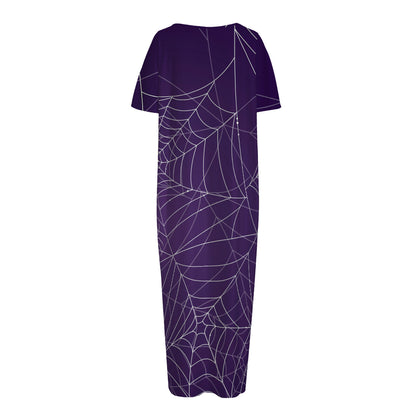 Purple Spider Web Pattern Print Short Sleeve Long Nightdress