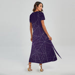 Purple Spider Web Pattern Print Short Sleeve Maxi Dress