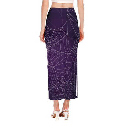 Purple Spider Web Pattern Print Side Slit Maxi Skirt