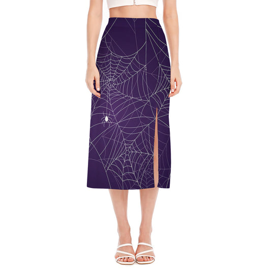 Purple Spider Web Pattern Print Side Slit Midi Skirt
