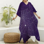 Purple Spider Web Pattern Print Silk V-Neck Kaftan Dress