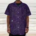Purple Spider Web Pattern Print Textured Short Sleeve Shirt