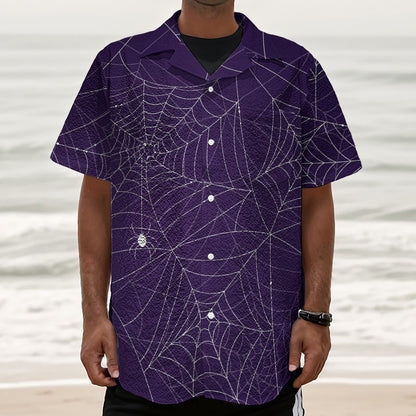 Purple Spider Web Pattern Print Textured Short Sleeve Shirt